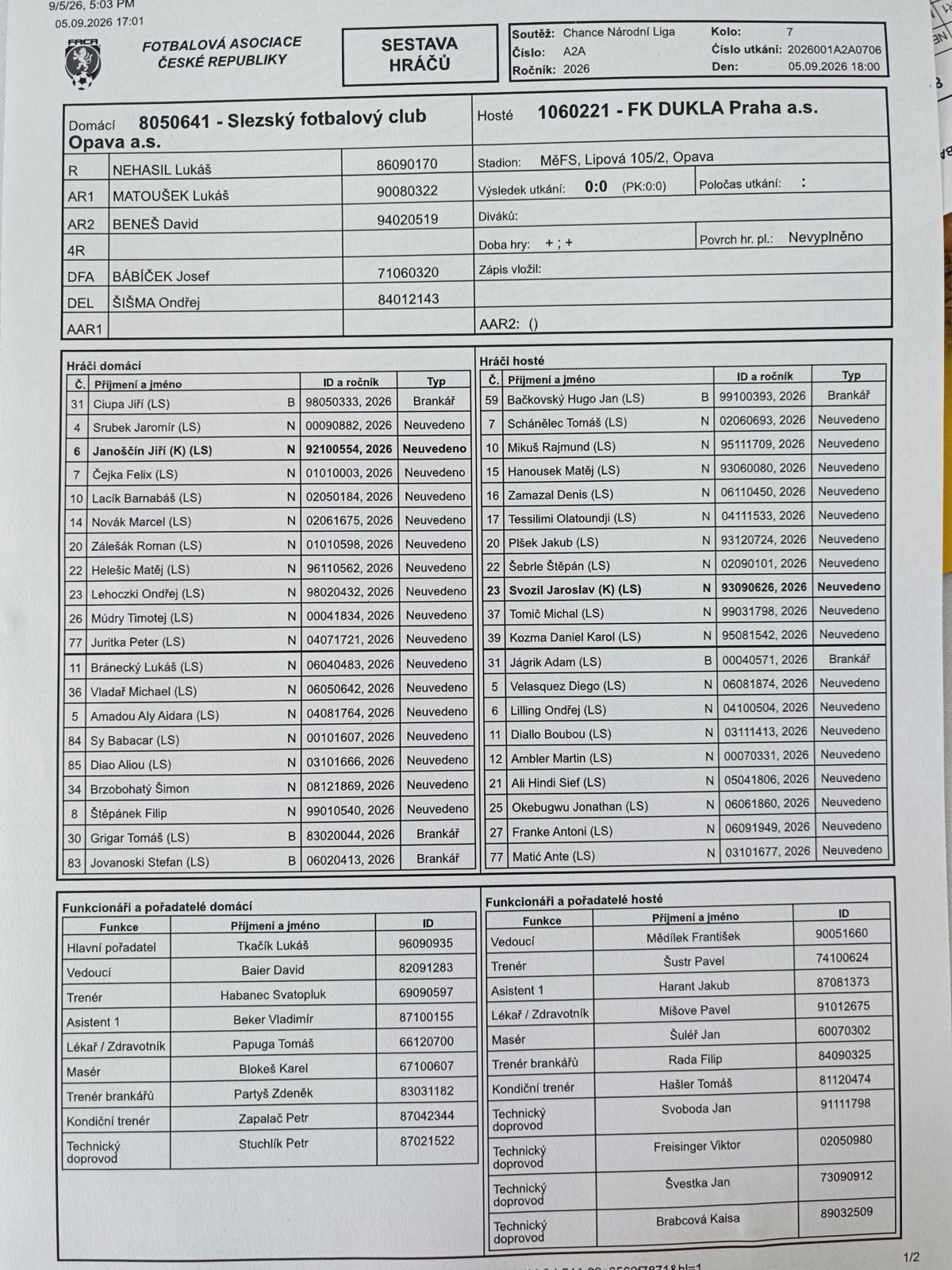Oficiální zápis o utkání se sestavami