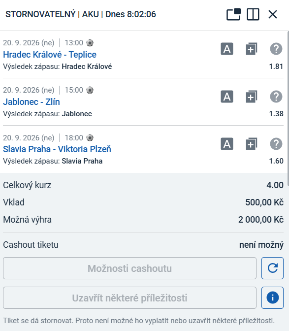 Tiket LP75 na 9. kolo: AKO Hradec Králové – Jablonec – Slavia Praha, celkový kurz 4,00, vklad 500 Kč, možná výhra 2 000 Kč