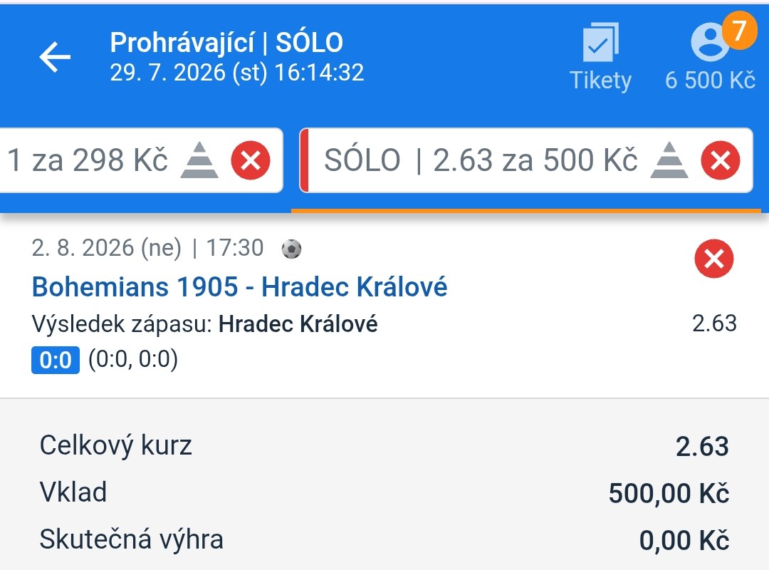 Prohraný tiket LP75: Bohemians – Hradec Králové 0:0, sólo výhra Hradce kurz 2,63, vklad 500 Kč, výhra 0 Kč