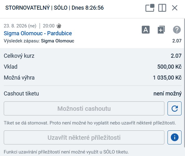 Tiket LP75: Sigma Olomouc — výsledek zápasu s Pardubicemi, kurz 2,07, vklad 500 Kč, možná výhra 1 035 Kč