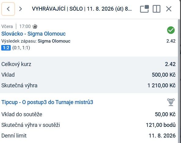 Vyhraný tiket LP75: Sigma Olomouc — výsledek zápasu, kurz 2,42, vklad 500 Kč, skutečná výhra 1 210 Kč