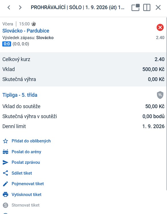 Tiket LP75: Slovácko — výsledek zápasu s Pardubicemi, kurz 2,40, vklad 500 Kč — prohrávající