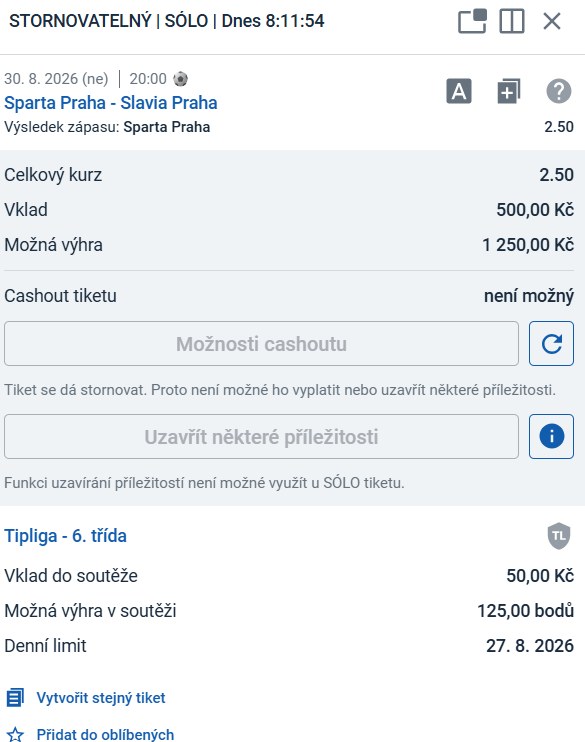 Tiket LP75: Sparta Praha — výsledek zápasu se Slavií, kurz 2,50, vklad 500 Kč