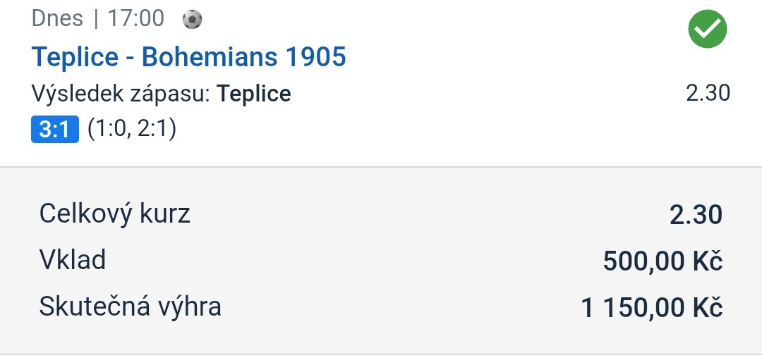 Vyhodnocený tiket LP75: Teplice – Bohemians 3:1, sólo kurz 2,30, vklad 500 Kč, výhra 1 150 Kč