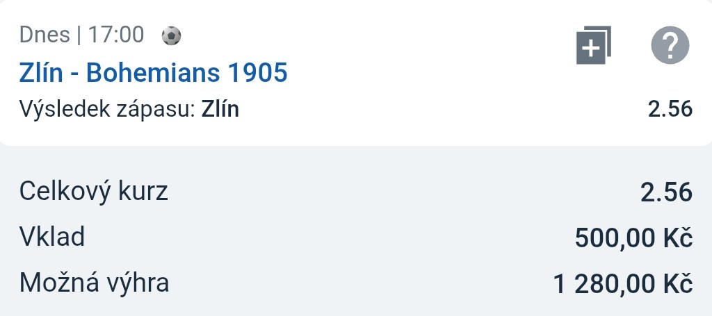 Tiket LP75: Zlín — výhra domácích, kurz 2,56, vklad 500 Kč