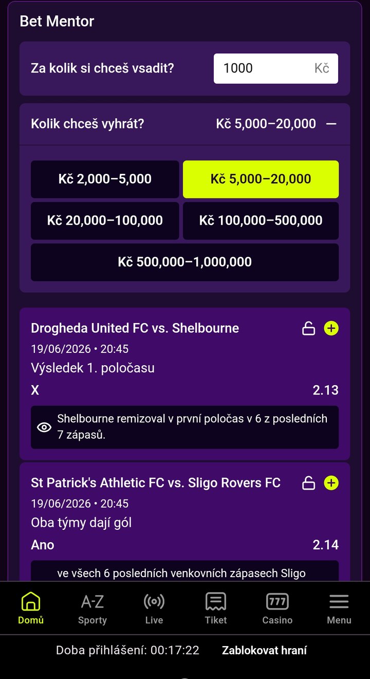 Kingsbet Bet Mentor — zadání výše sázky a rozmezí požadované výhry, první doporučený tip se zdůvodněním