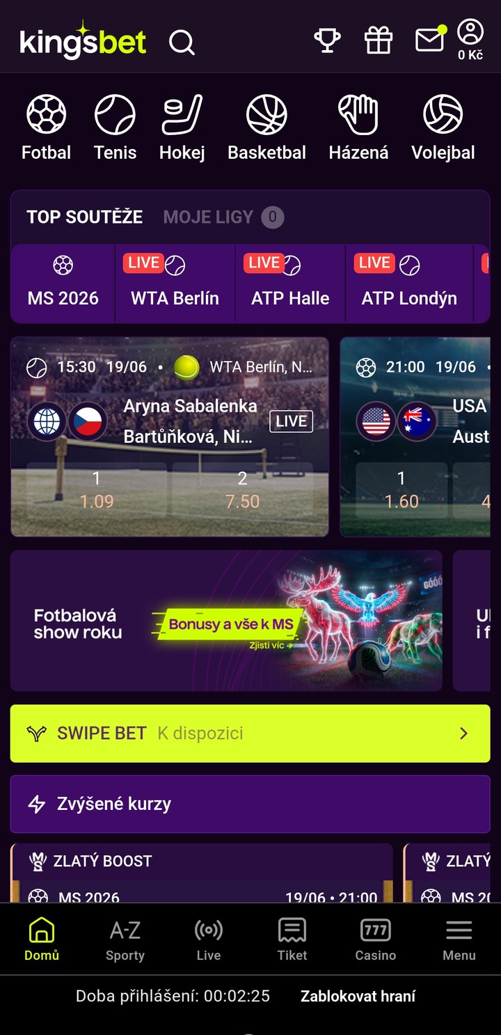 Kingsbet aplikace 2026 — domovská obrazovka s přehledem sportů a živých soutěží