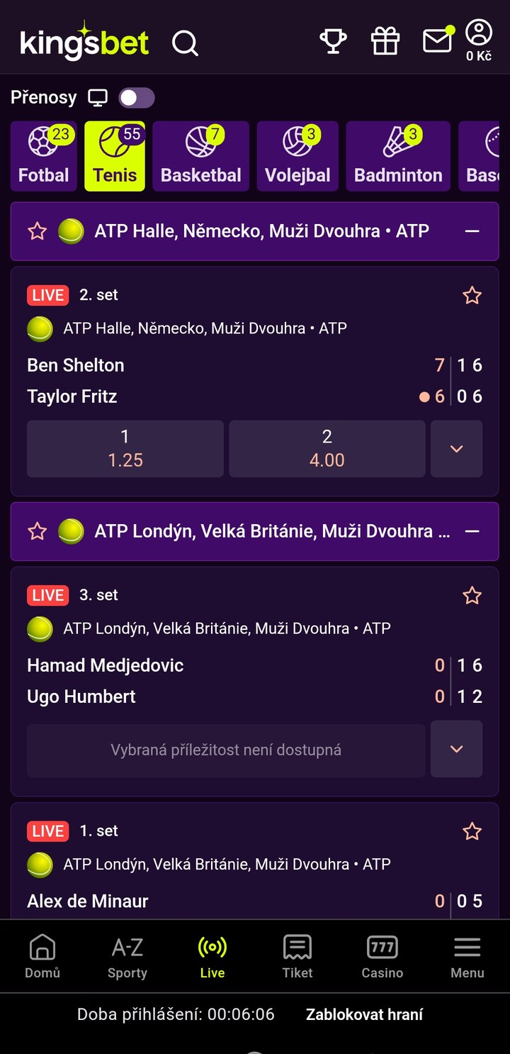 Kingsbet aplikace — live tenis s přepínačem přenosů a živými kurzy
