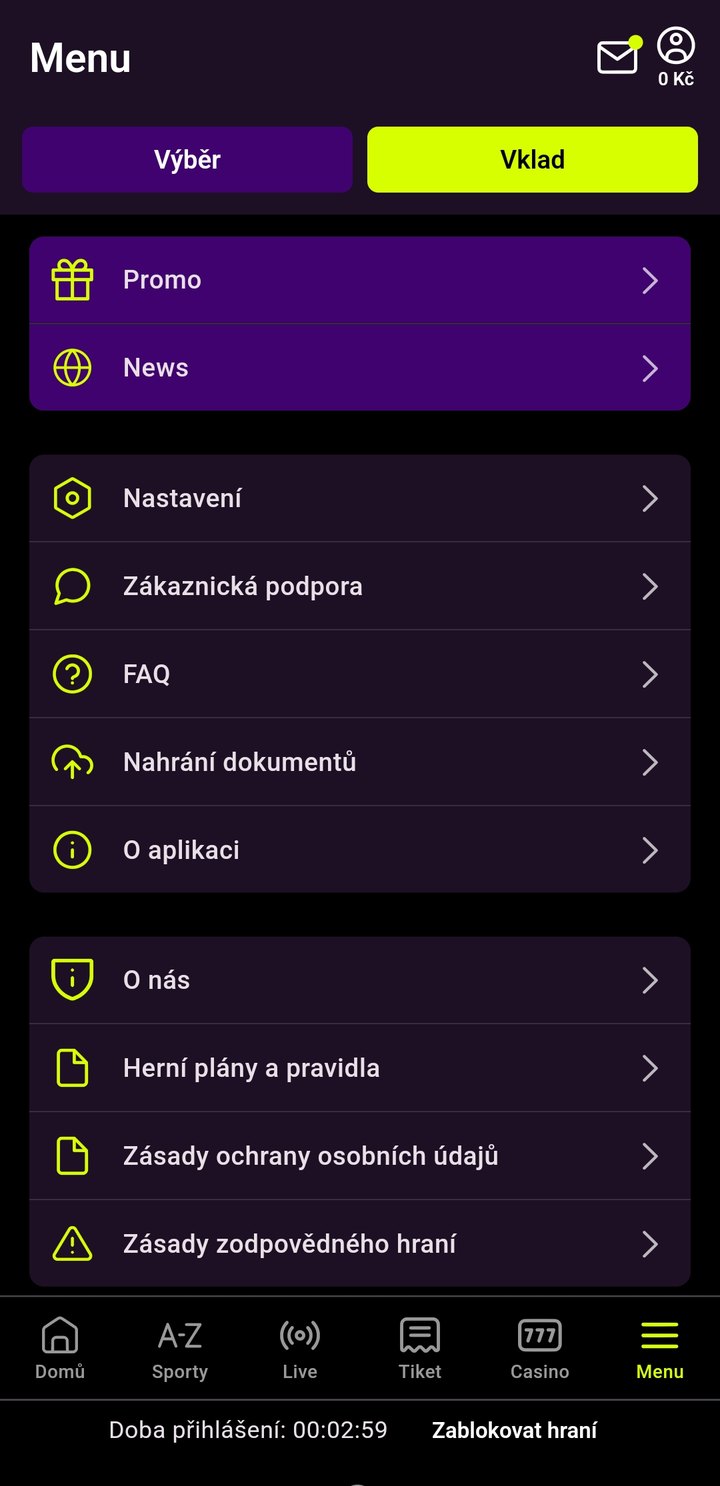 Kingsbet aplikace 2026 — hlavní menu s vkladem, výběrem a sekcemi