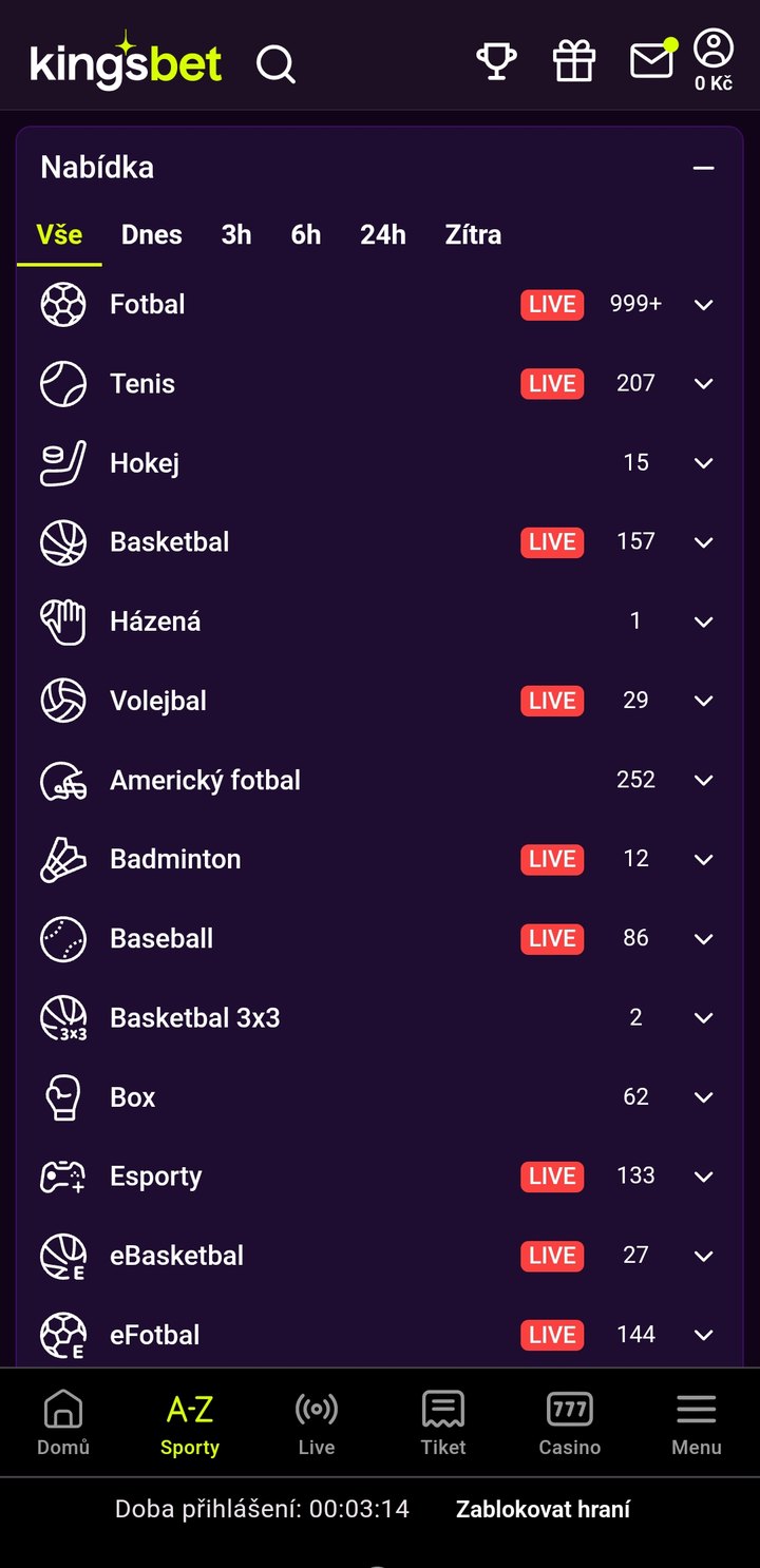 Kingsbet aplikace — seznam sportů A-Z s počty zápasů a živými přenosy