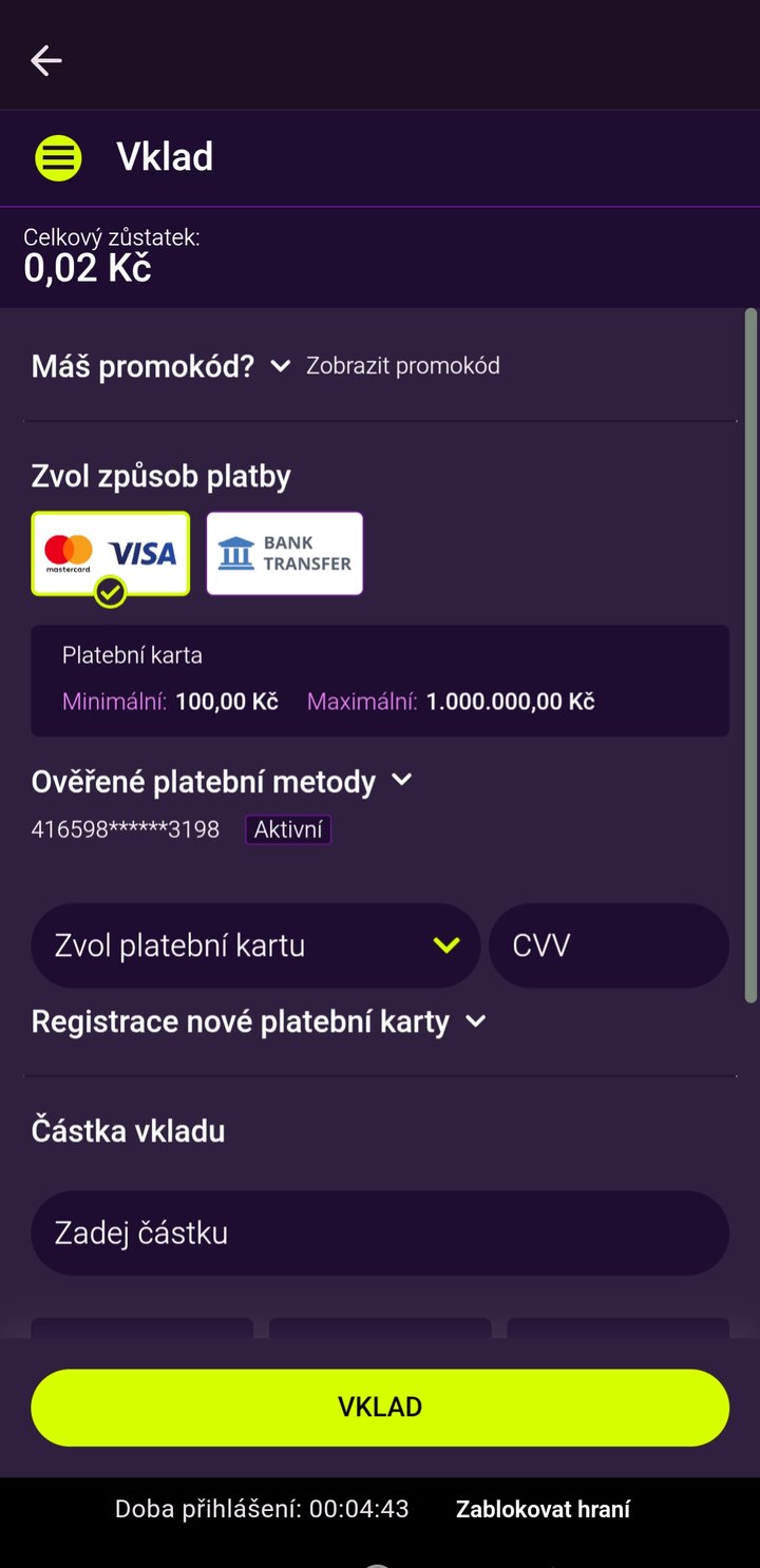 Kingsbet aplikace — obrazovka vkladu, platba kartou nebo bankovním převodem, minimální vklad 100 Kč