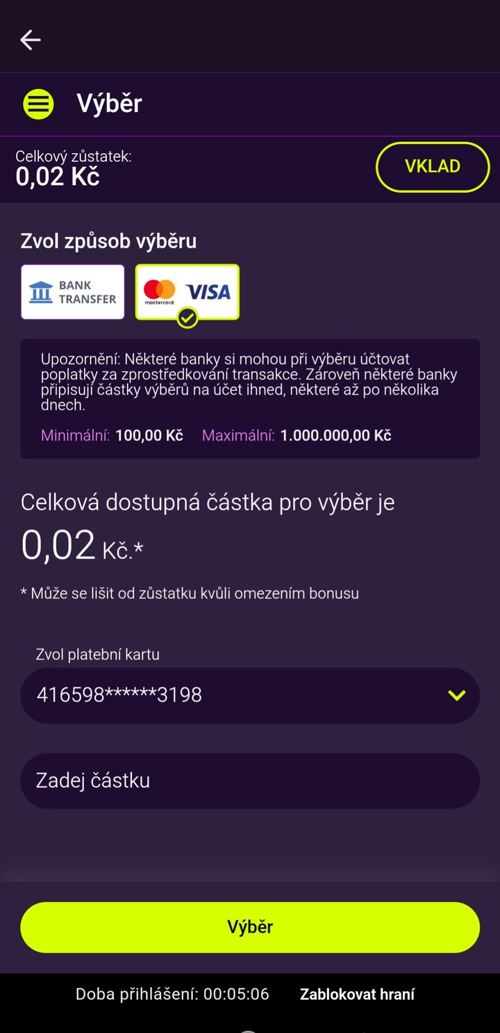 Kingsbet aplikace — obrazovka výběru výhry na platební kartu