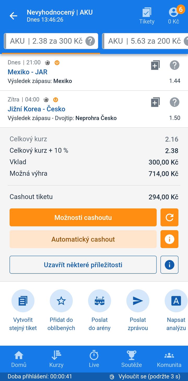 Tiket AKU 2.38 — výhra Mexika nad JAR a neprohra Česka s Koreou, vklad 300 Kč