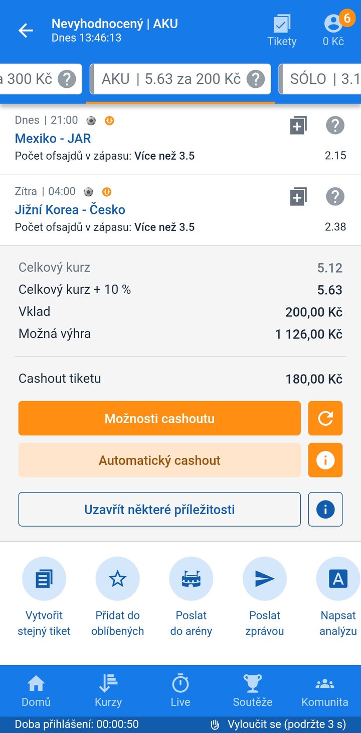 Tiket AKU 5.63 — více než 3,5 ofsajdu v zápasech Mexiko–JAR a Korea–Česko, vklad 200 Kč
