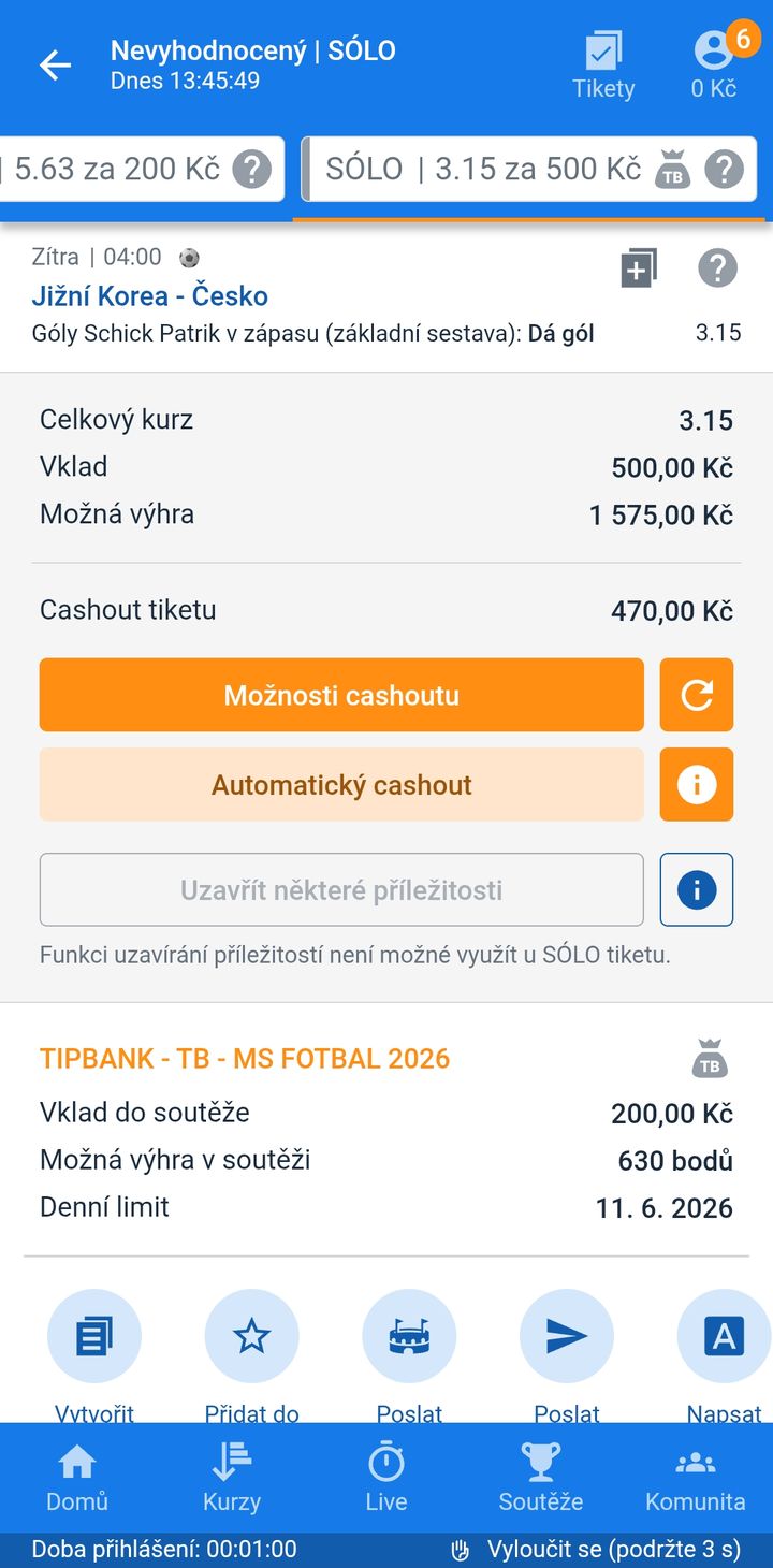 Tiket SÓLO 3.15 — Patrik Schick dá gól proti Jižní Koreji, vklad 500 Kč