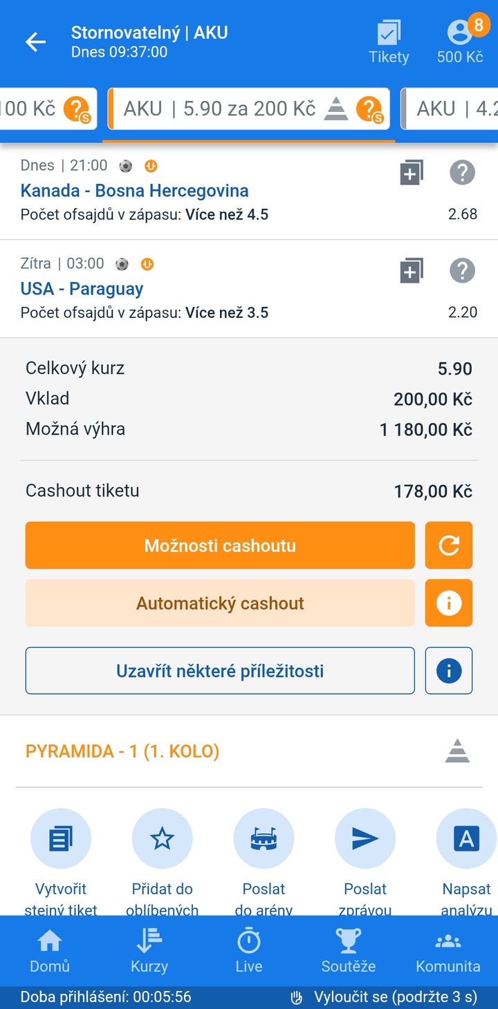 Tiket AKU 5.90 — více než 4,5 ofsajdu v zápase Kanada–Bosna a více než 3,5 ofsajdu v zápase USA–Paraguay, vklad 200 Kč