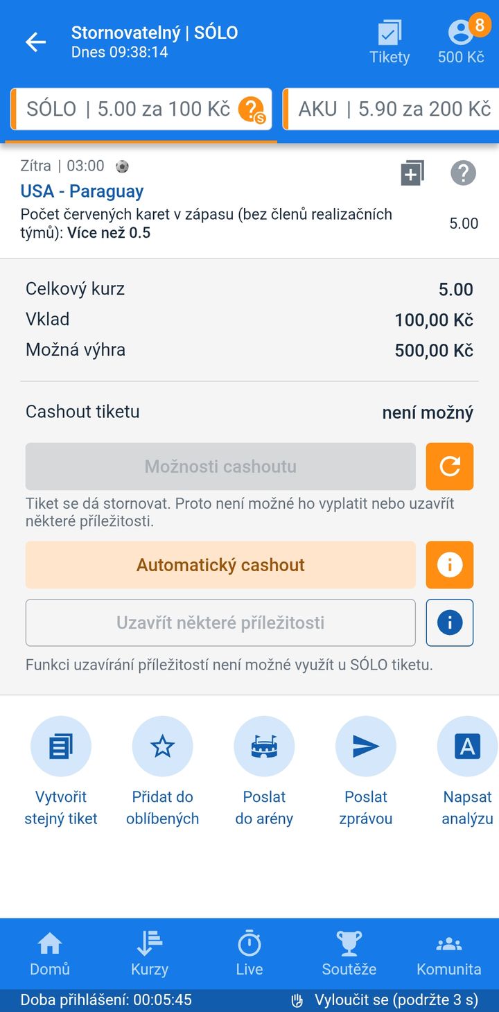 Tiket SÓLO 5.00 — alespoň jedna červená karta v zápase USA–Paraguay, vklad 100 Kč