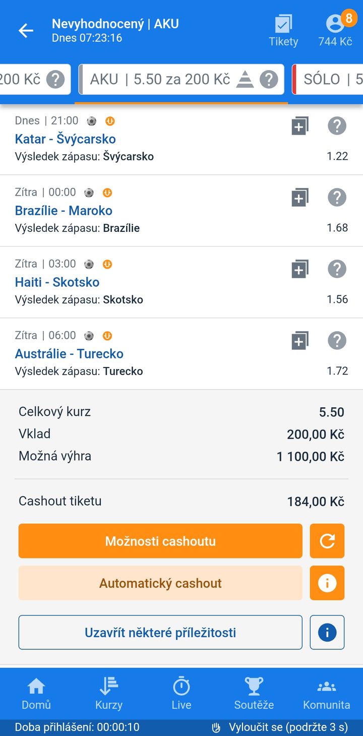 Tiket AKU 5.50 — výhry Švýcarska, Brazílie, Skotska a Turecka, vklad 200 Kč