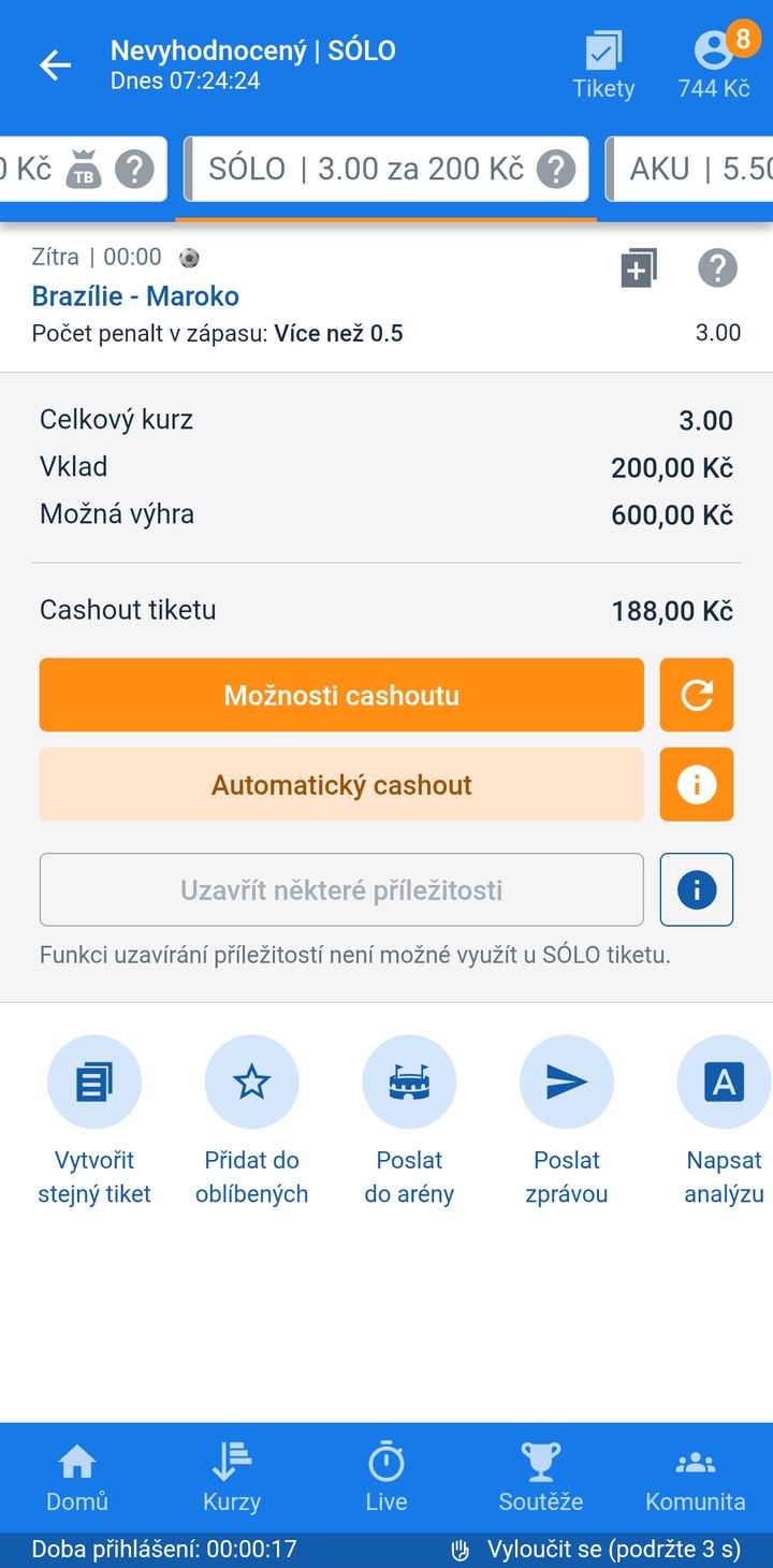 Tiket SÓLO 3.00 — v zápase Brazílie–Maroko padne penalta, vklad 200 Kč