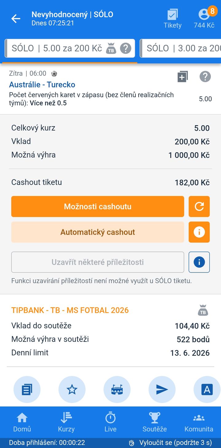 Tiket SÓLO 5.00 — v zápase Austrálie–Turecko padne červená karta, vklad 200 Kč
