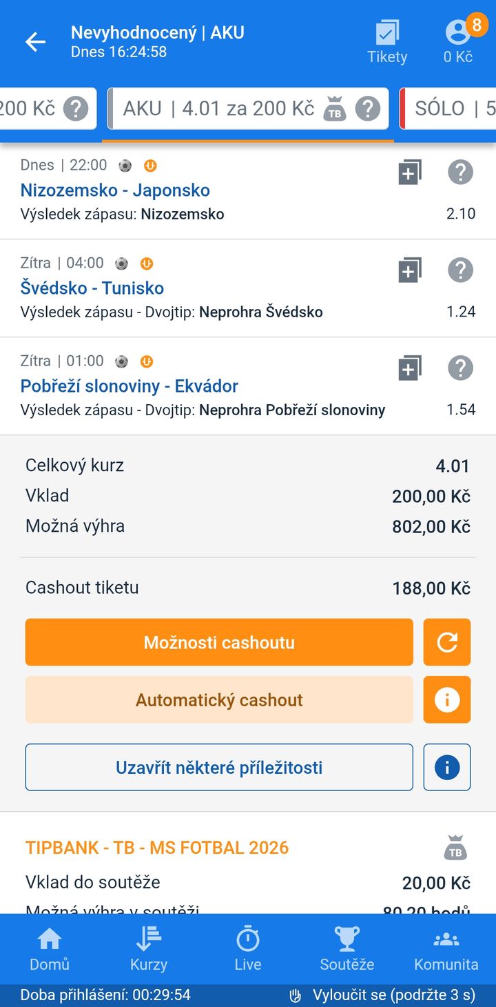 Tiket AKU 4.01 — výhra Nizozemska, neprohra Švédska a neprohra Pobřeží slonoviny, vklad 200 Kč