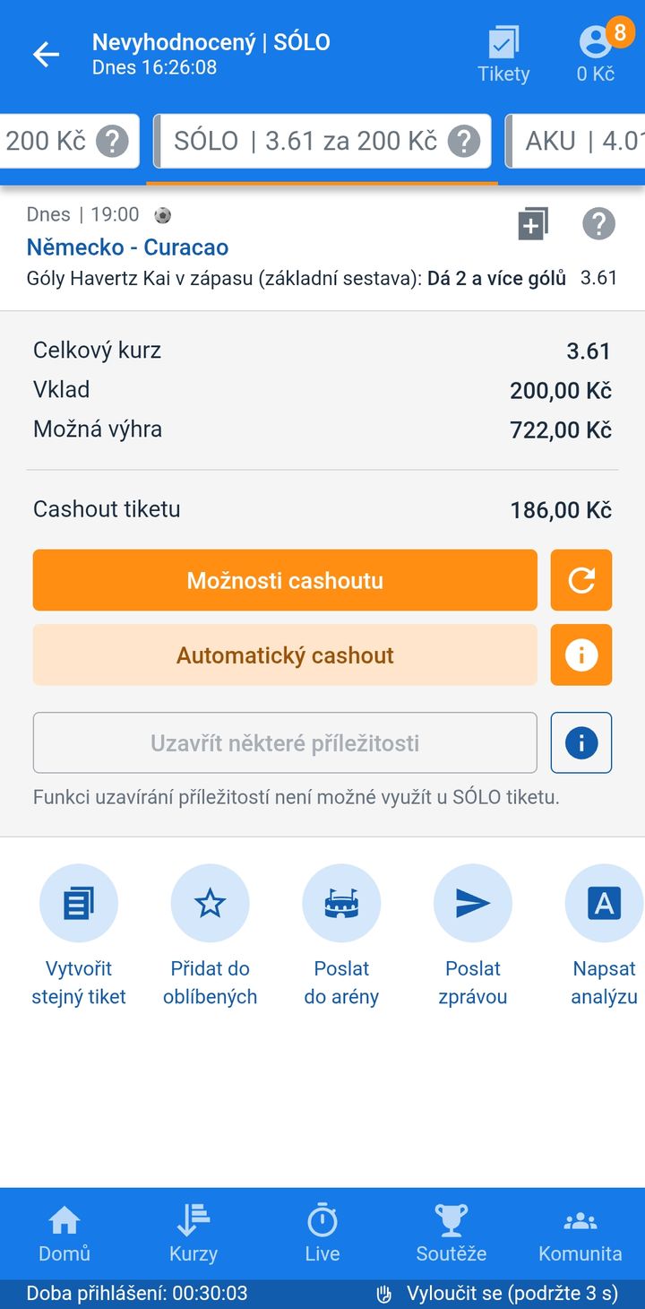 Tiket SÓLO 3.61 — Kai Havertz dá v zápase Německo–Curaçao 2 a více gólů, vklad 200 Kč
