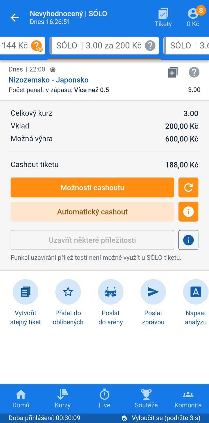 Tiket SÓLO 3.00 — v zápase Nizozemsko–Japonsko padne penalta, vklad 200 Kč
