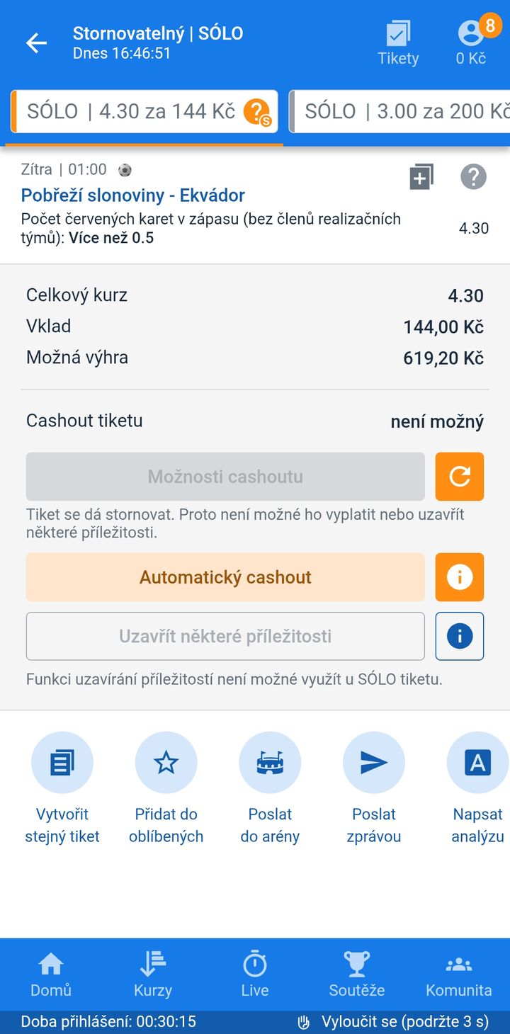 Tiket SÓLO 4.30 — v zápase Pobřeží slonoviny–Ekvádor padne červená karta, vklad 144 Kč