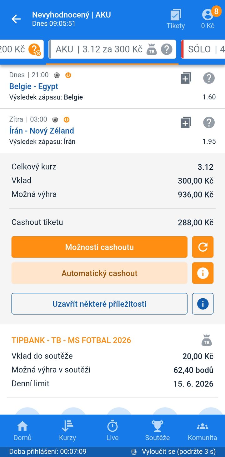 Tiket AKU 3.12 — výhra Belgie a výhra Íránu, vklad 300 Kč