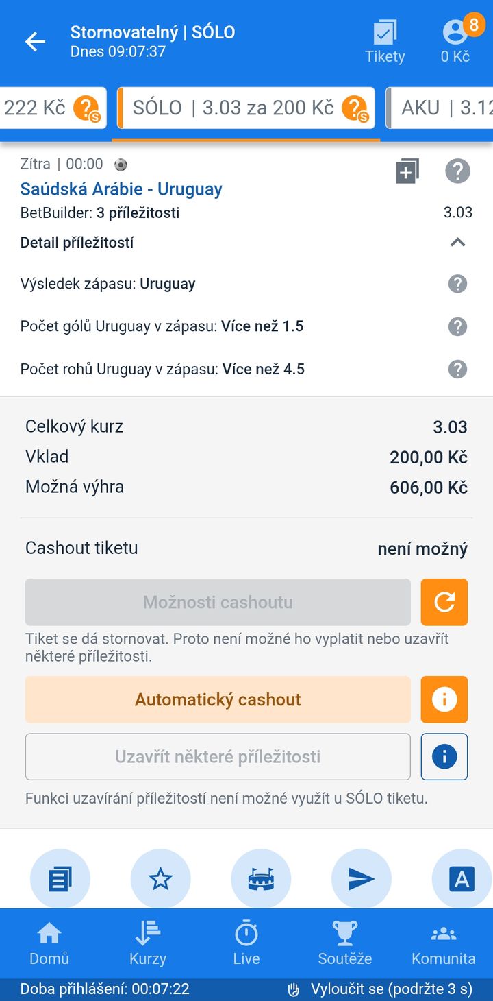Tiket SÓLO Bet Builder 3.03 — výhra Uruguaye, 2+ góly a 5+ rohů Uruguaye, vklad 200 Kč