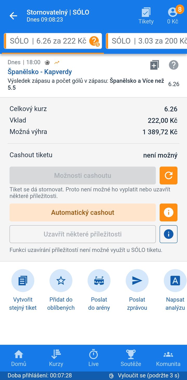 Tiket SÓLO 6.26 — výhra Španělska a více než 5,5 gólu v zápase, vklad 222 Kč