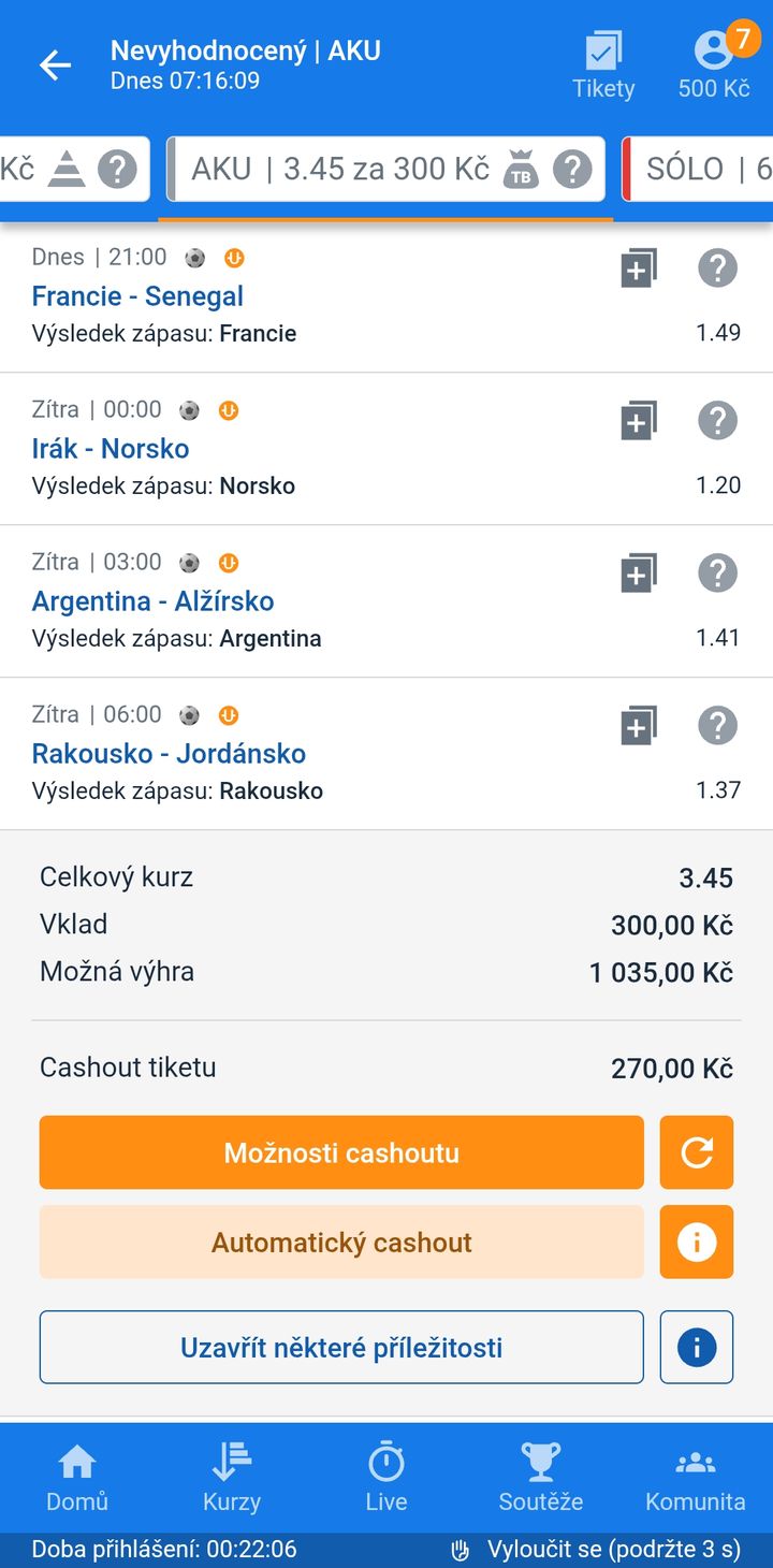 Tiket AKU 3.45 — výhry Francie, Norska, Argentiny a Rakouska, vklad 300 Kč
