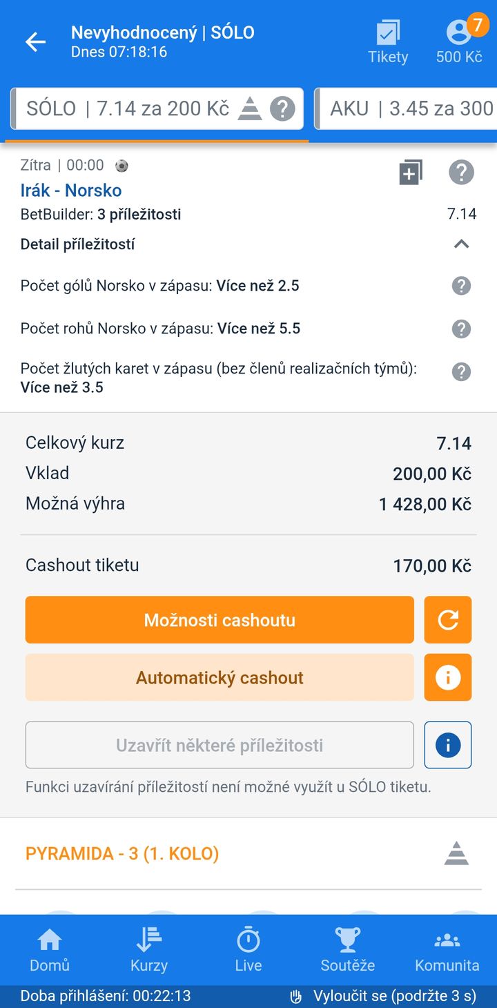 Tiket SÓLO Bet Builder 7.14 — Norsko 2+ góly, 5+ rohů a 3+ žluté karty, vklad 200 Kč