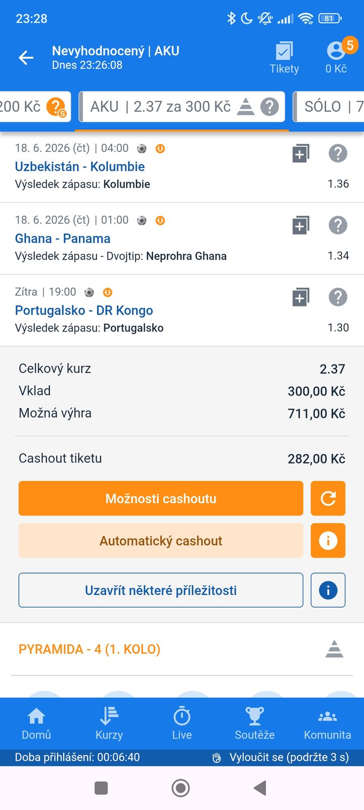 Tiket AKU 2.37 — výhra Kolumbie, neprohra Ghany a výhra Portugalska, vklad 300 Kč