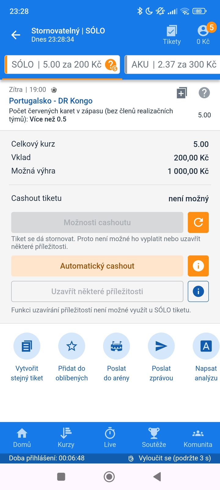 Tiket SÓLO 5.00 — v zápase Portugalsko–DR Kongo padne aspoň jedna červená karta, vklad 200 Kč