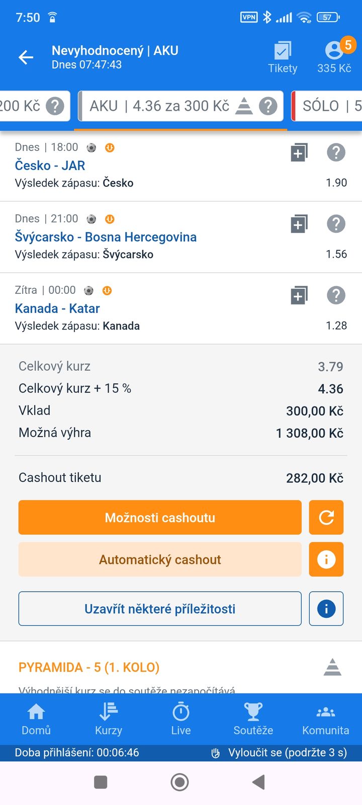 Tiket AKU 4.36 — výhra Česka, Švýcarska a Kanady, vklad 300 Kč