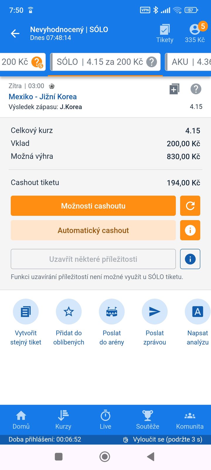 Tiket SÓLO 4.15 — výhra Jižní Koreje proti Mexiku, vklad 200 Kč