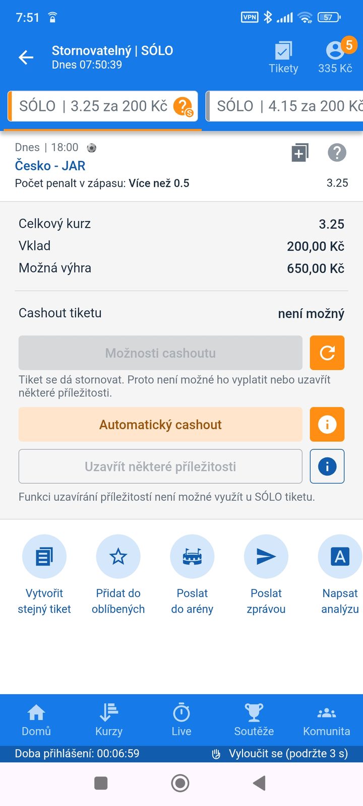 Tiket SÓLO 3.25 — v zápase Česko–JAR padne penalta, vklad 200 Kč