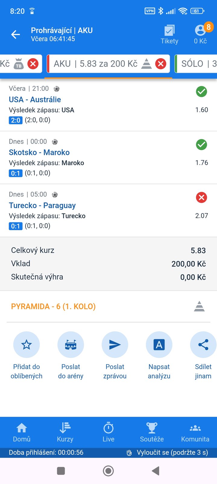 Tiket AKU 5.83 — výhra USA, Maroka a Turecka, vklad 200 Kč