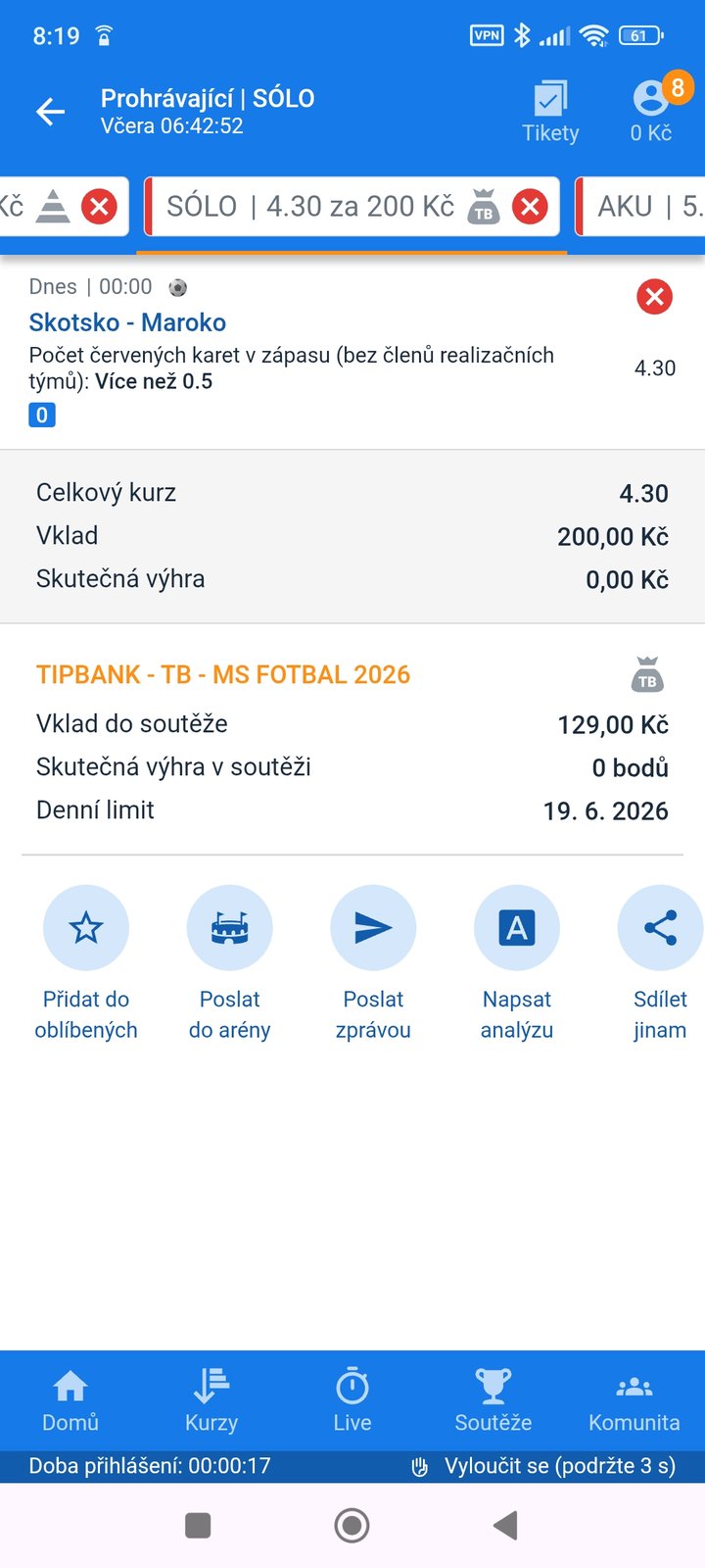 Tiket SÓLO 4.30 — v zápase Skotsko–Maroko padne červená karta, vklad 200 Kč