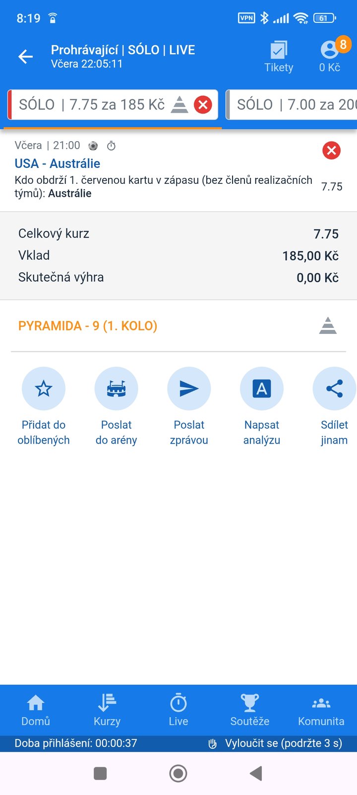 Tiket SÓLO LIVE 7.75 — první červenou kartu v zápase USA–Austrálie dostane Austrálie, vklad 185 Kč
