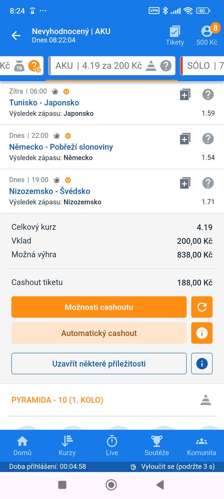 Tiket AKU 4.19 — výhra Nizozemska, Německa a Japonska, vklad 200 Kč