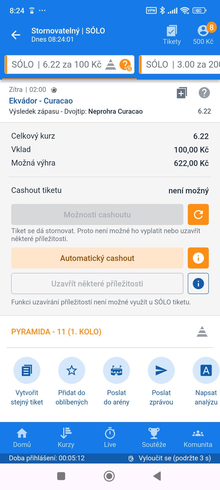 Tiket SÓLO 6.22 — dvojtip neprohra Curaçaa proti Ekvádoru, vklad 100 Kč