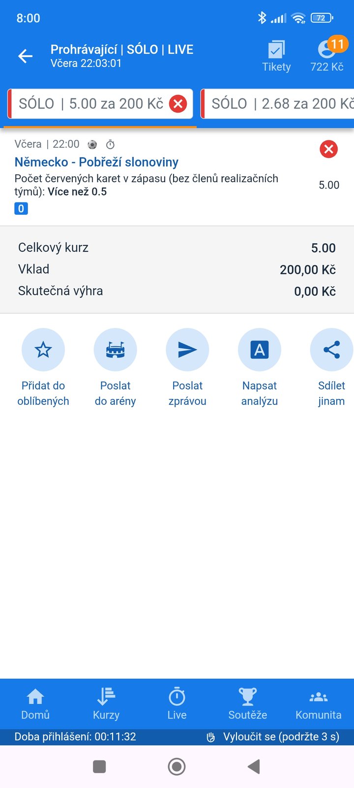 Tiket SÓLO LIVE 5.00 — v zápase Německo–Pobřeží slonoviny padne více než 0,5 červené karty, vklad 200 Kč