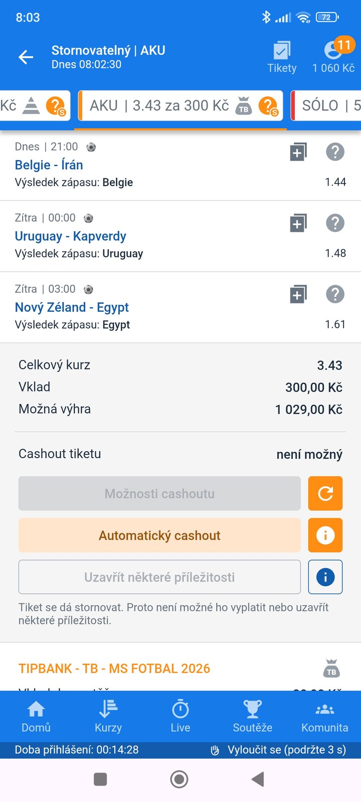 Tiket AKU 3.43 — výhra Belgie, Uruguaye a Egypta, vklad 300 Kč