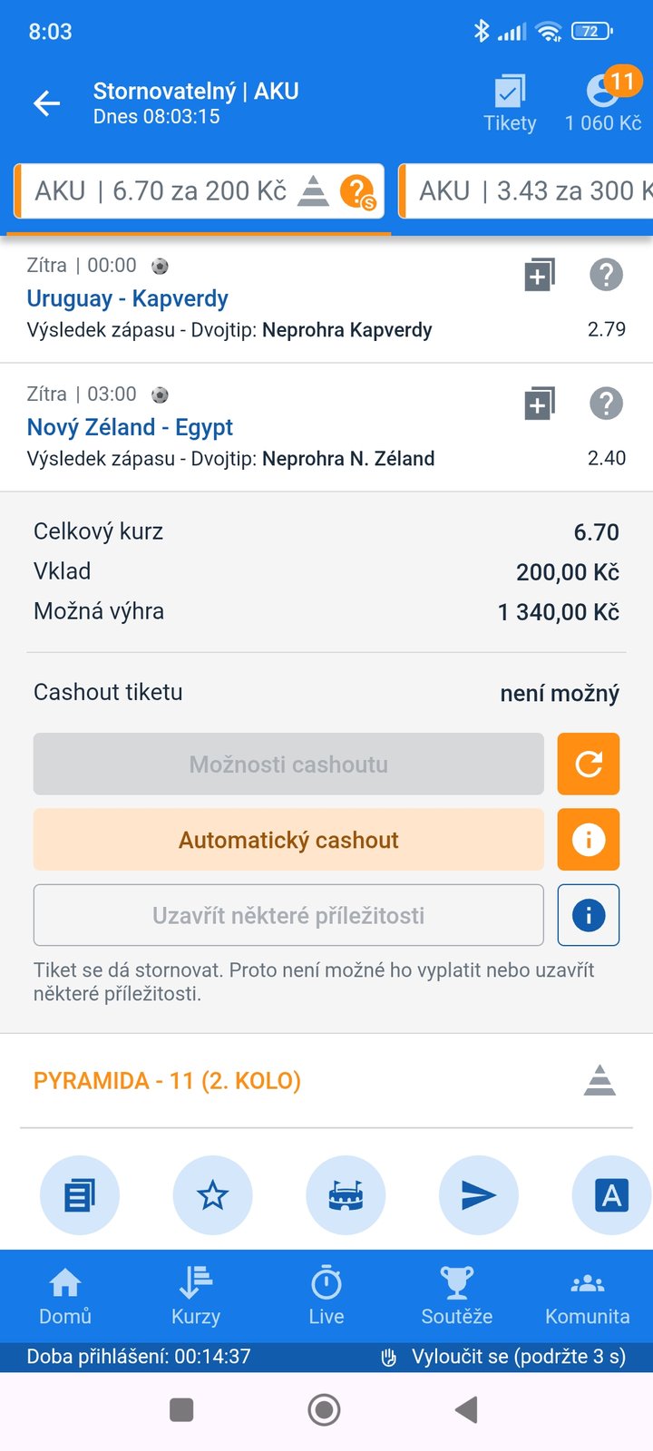 Tiket AKU 6.70 — dvojtip neprohra Kapverd a neprohra Nového Zélandu, vklad 200 Kč