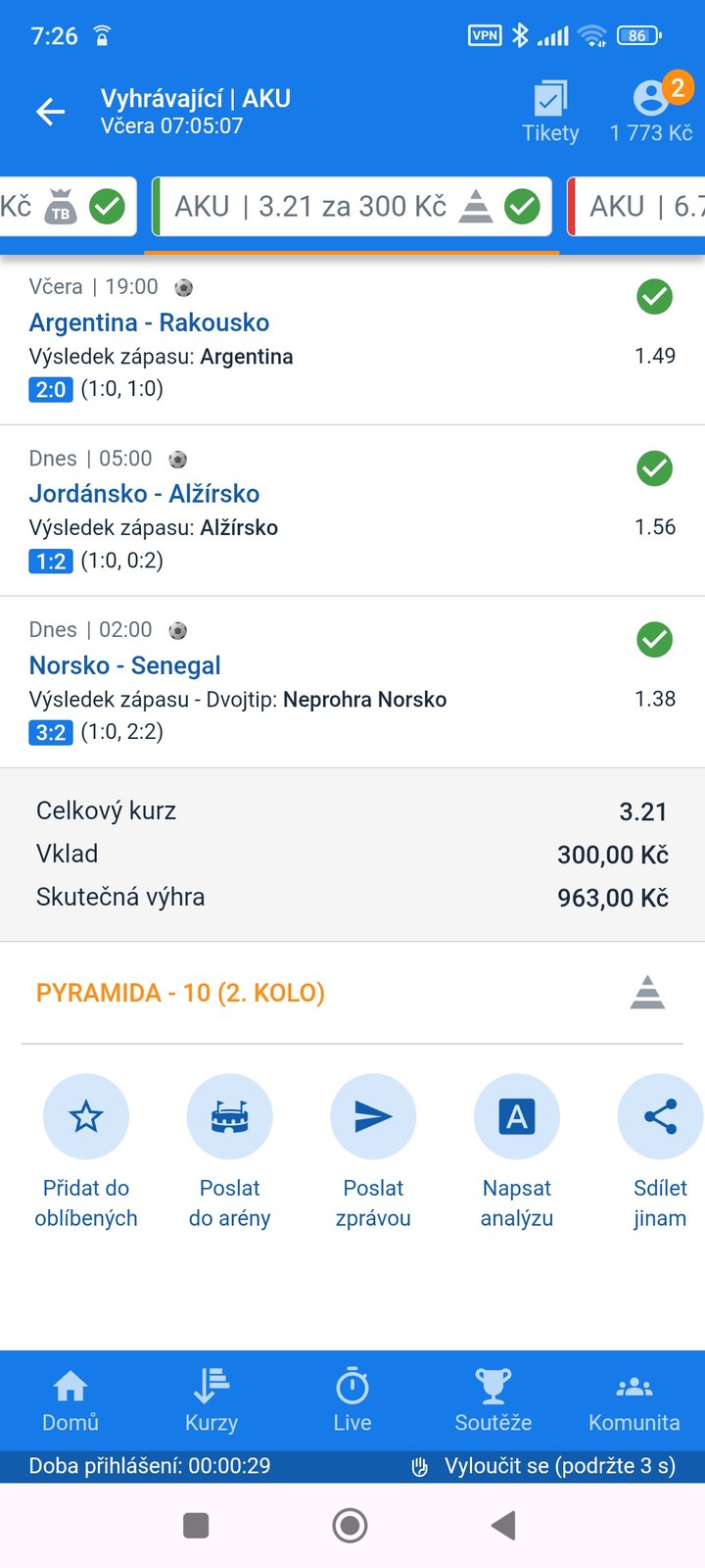 Tiket AKU 3.21 — výhra Argentiny, výhra Alžírska a neprohra Norska, vklad 300 Kč
