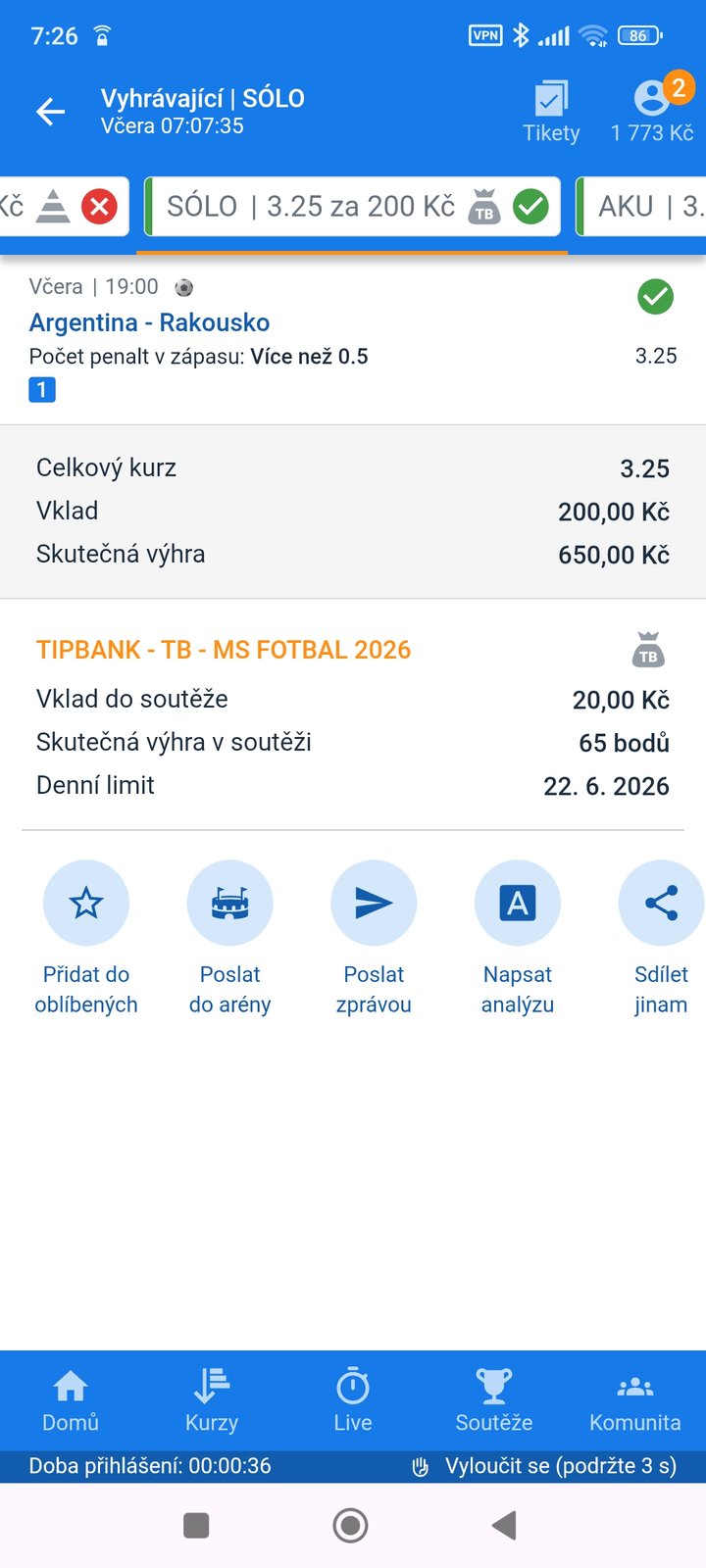 Tiket SÓLO 3.25 — v zápase Argentina–Rakousko padne více než 0,5 penalty, vklad 200 Kč