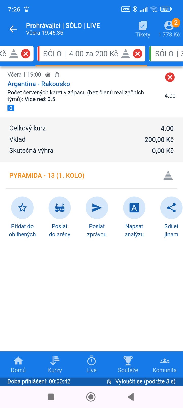 Tiket SÓLO 4.00 — v zápase Argentina–Rakousko padne více než 0,5 červené karty, vklad 200 Kč