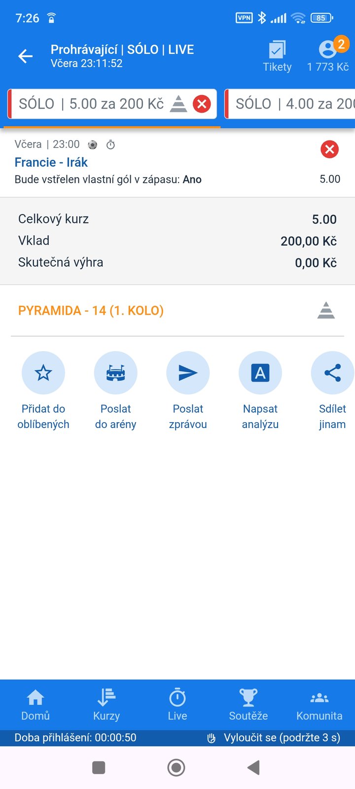 Tiket SÓLO 5.00 — v zápase Francie–Irák padne vlastní gól, vklad 200 Kč